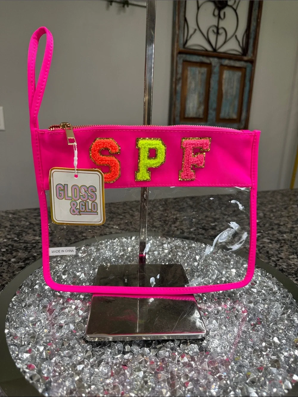 Neon Pink 'SPF' Clear  large Wristlet Cosmetic Pouch NWT